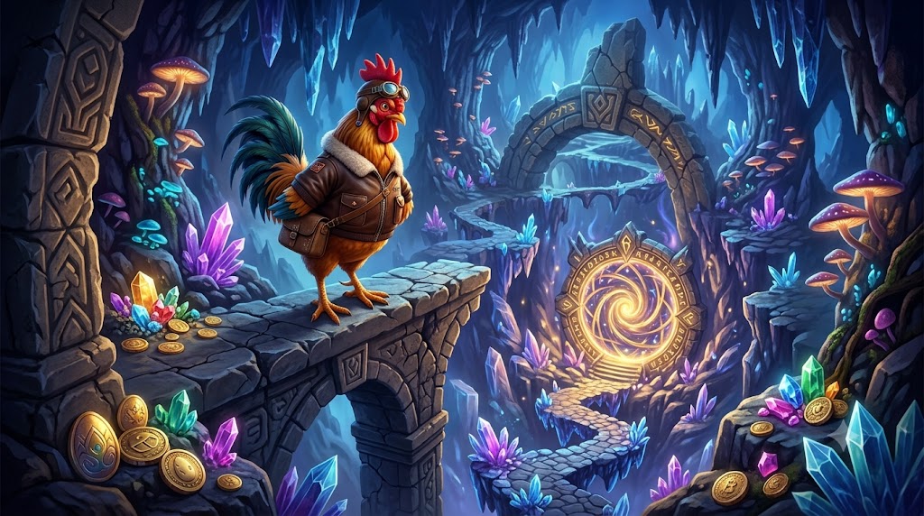 Estructura de piedra mística ancestral y portal rúnico brillante en el entorno profundo de Chicken Road 2